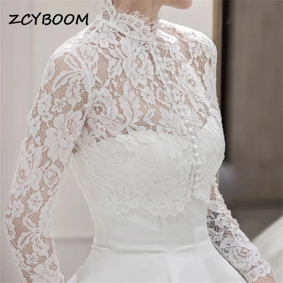 Elegant Lace Button High Neck Illusion A-line Simple Wedding Dresses 2024 Sweep Train Full Sleeves Bridal Gowns Vestido De Noiva