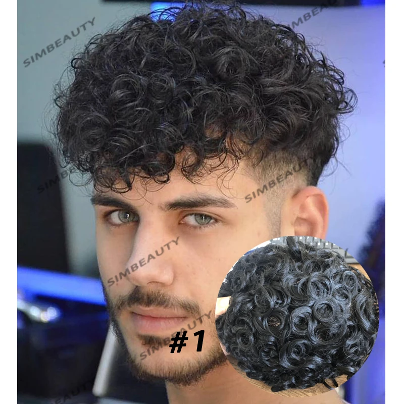 Tupé de cabello humano rizado para hombres, Base de PU completa duradera, súper delgada piel, prótesis capilar, reemplazo de pelucas masculinas, 20mm, precio al por mayor