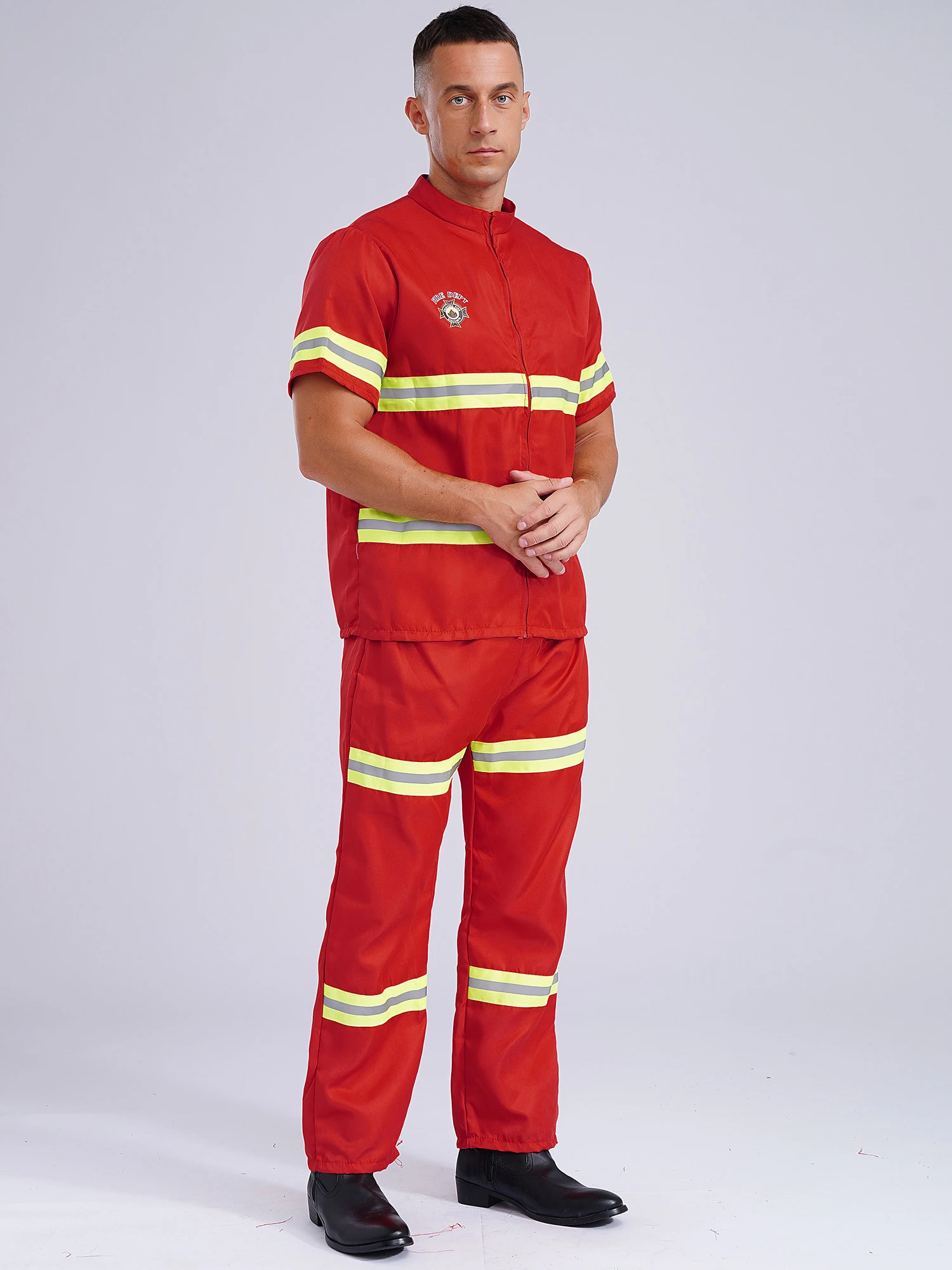 Men Firefighter Cosplay Costume Fireman Dress Up Outfits Halloween Role Play Four Pieces Suit New Year Masquerade Theme Ball