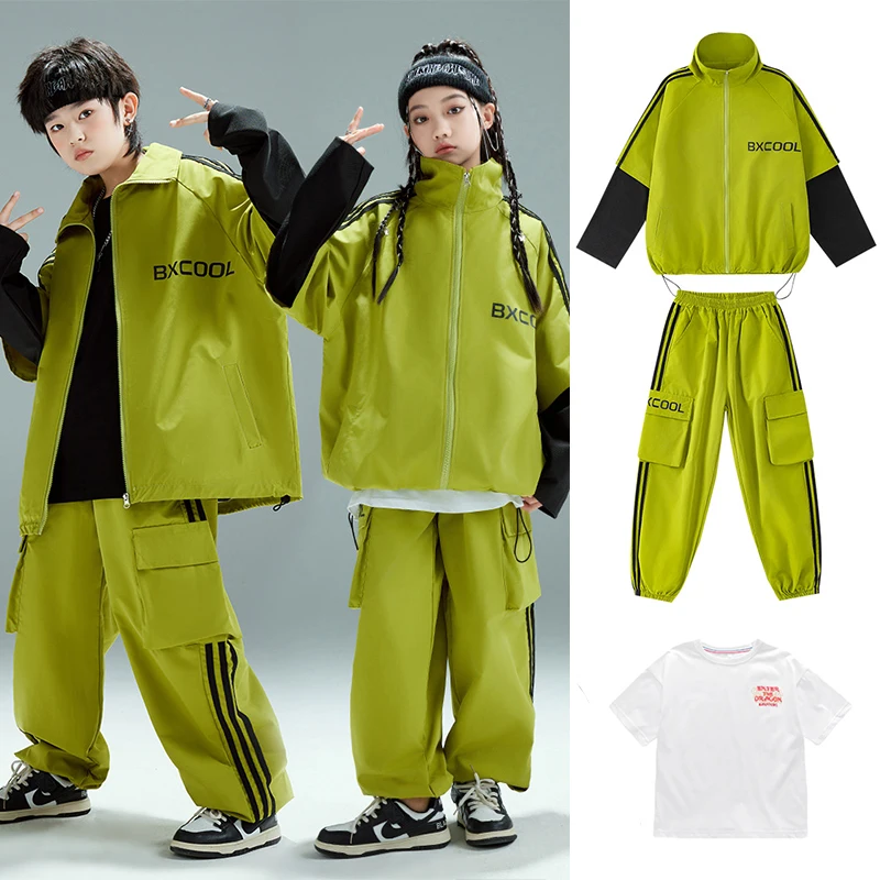 

Kids Jazz Dance Sportswear Costume Girl's Hip Hop Dancing Performance Outfits Boys Street Stage Show Set Green Coat Pants XH1333