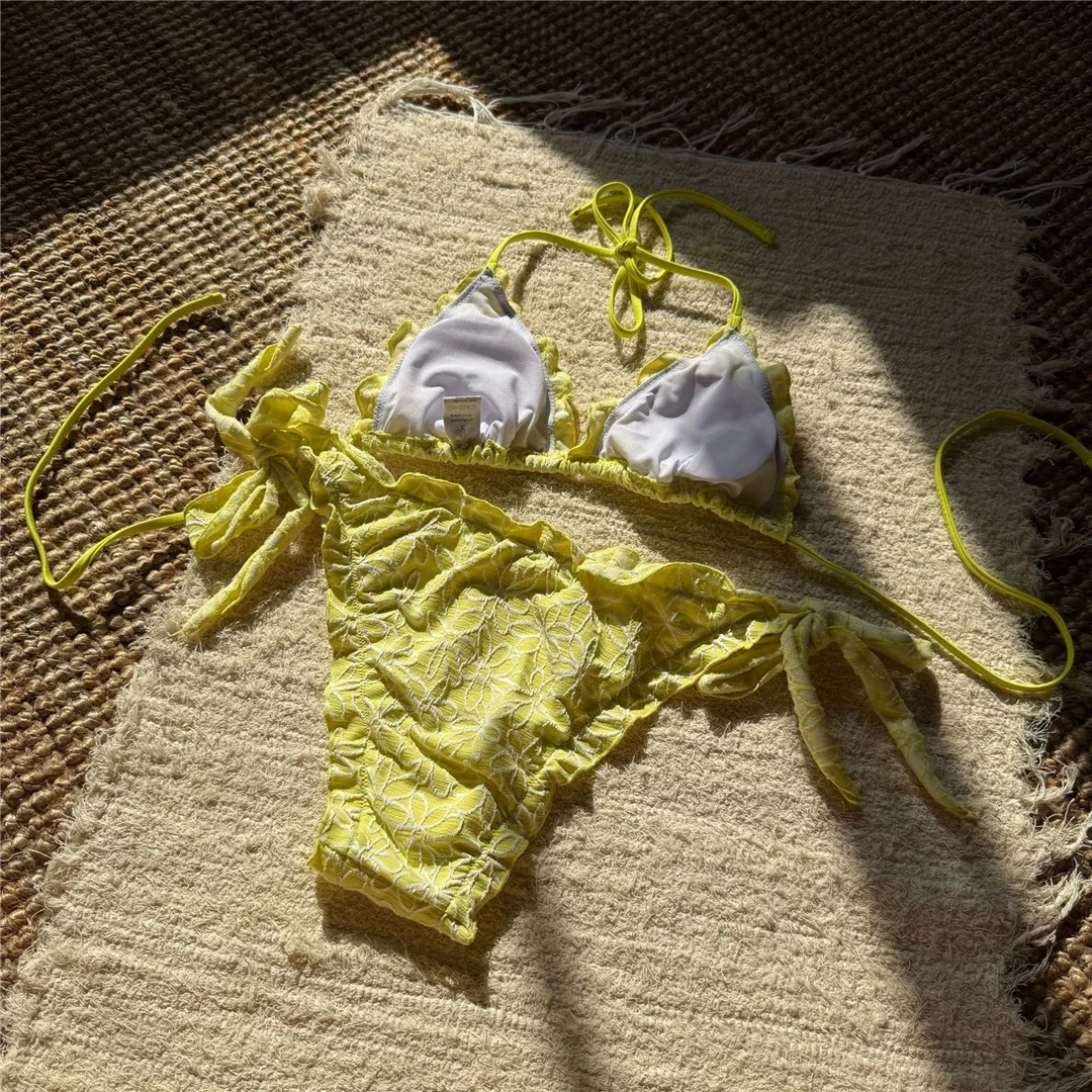 Bedruckter Neckholder-Bikini mit Rüschen, Damen-Badeanzug, zweiteiliges Bikini-Set, gepolsterter Badeanzug, Badebekleidung, Modell V6972. – Detail 9