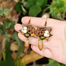 Retro Niche Forest Style Earrings Creative Simple Wooden Acorn Small White Bean Bayberry Flower Leaf Handmade Earrings For Women