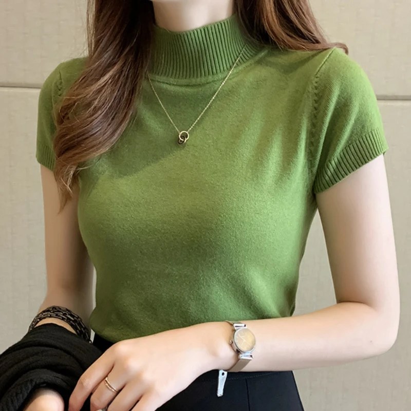 T-shirt Woman Clothing Solid Half High Neck Pullover Knitted Tops Fashion Blouse Casual Base Bottom Shirts Soft spring summer