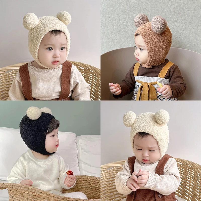 Winter Warm Toddler Girl Boys Baby Hats Fleece Wool Hemming Caps with Ball Solid Wool Ear Protection Hats Soft Newborn Bonnet