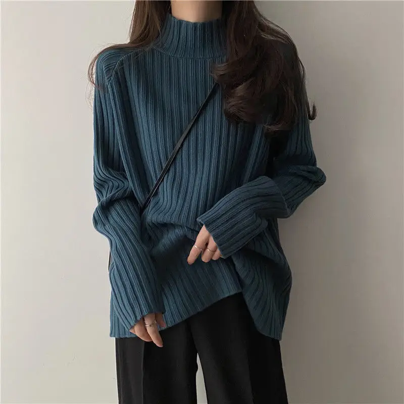 Pullovers Women Half High Collar Simple Japan Style Autumn Sweaters Cozy All-match Classic Students Loose Popular Jumper Femme