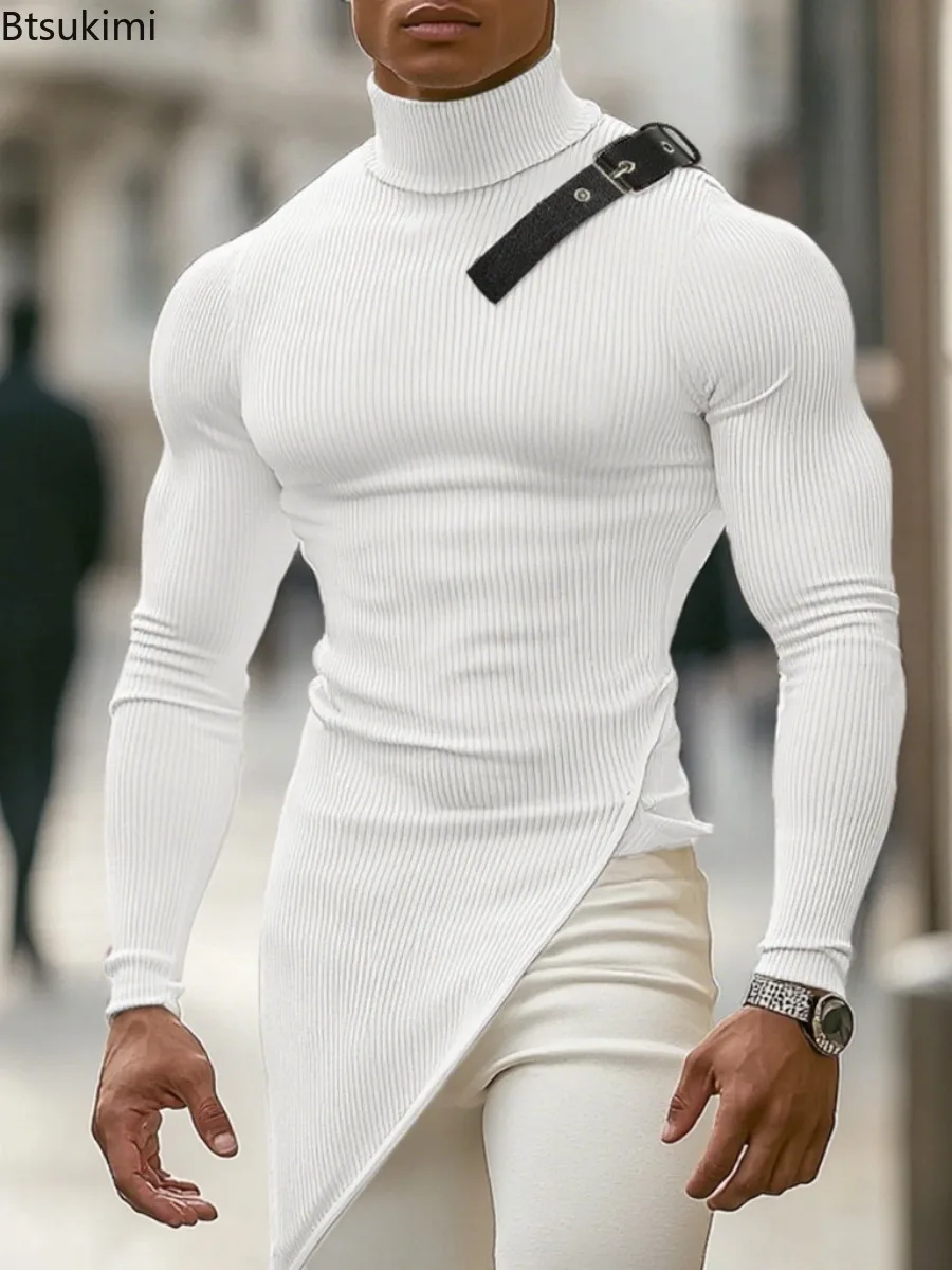 

2025 Spring Autumn Men Solid Slim Fit High Neck Elasticity T-shirt Male Stripe Long Sleeved Tights Fashion Casual Streetwear