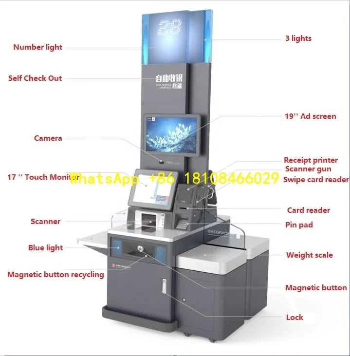 قارئ الماسح الضوئي الطابعة متقبل النقد سوبر ماركت الخدمة الذاتية دفع آلة الخروج كشك بطاقة آلة POS