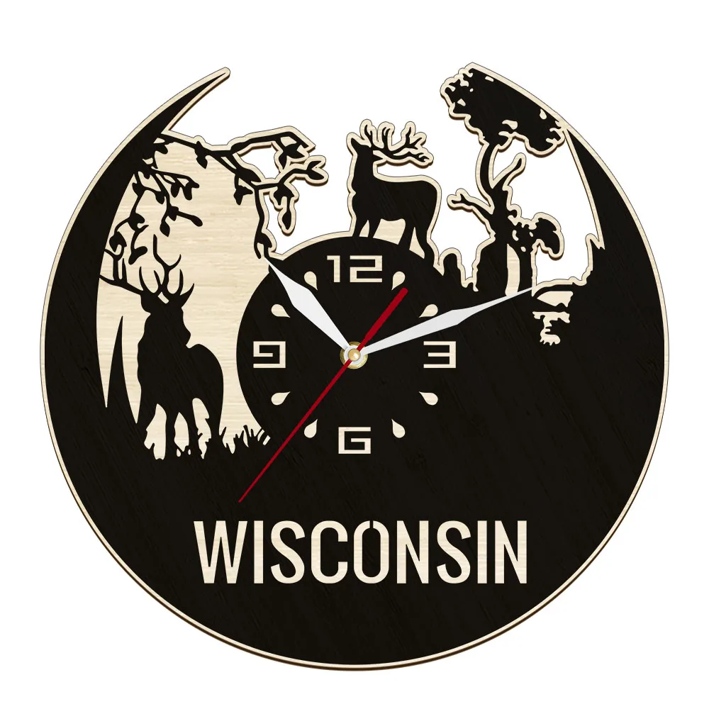 Wisconsin Forest Deer Engraved Wood Wall Clock Home Decor For Living Room American State Farmhouse Style Laser Cut Wall Clock