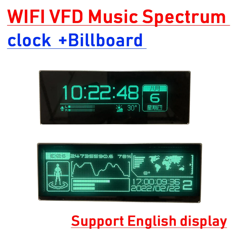 WIFI VFD Music Spectrum Display Level Indicator Voice Control Clock + billboard Message VU Meter Analyzer Audio rhythm W remote