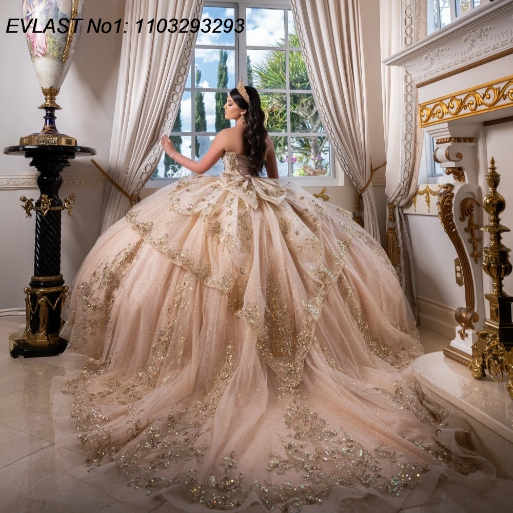 EVLAST 맞춤형 글리터 핑크 퀸세아네라 드레스 볼 가운 골드 스팽글 아플리케 비즈 장식 리본 스위트 16 베스티도스 데 15 아뇨스 E1QN685
