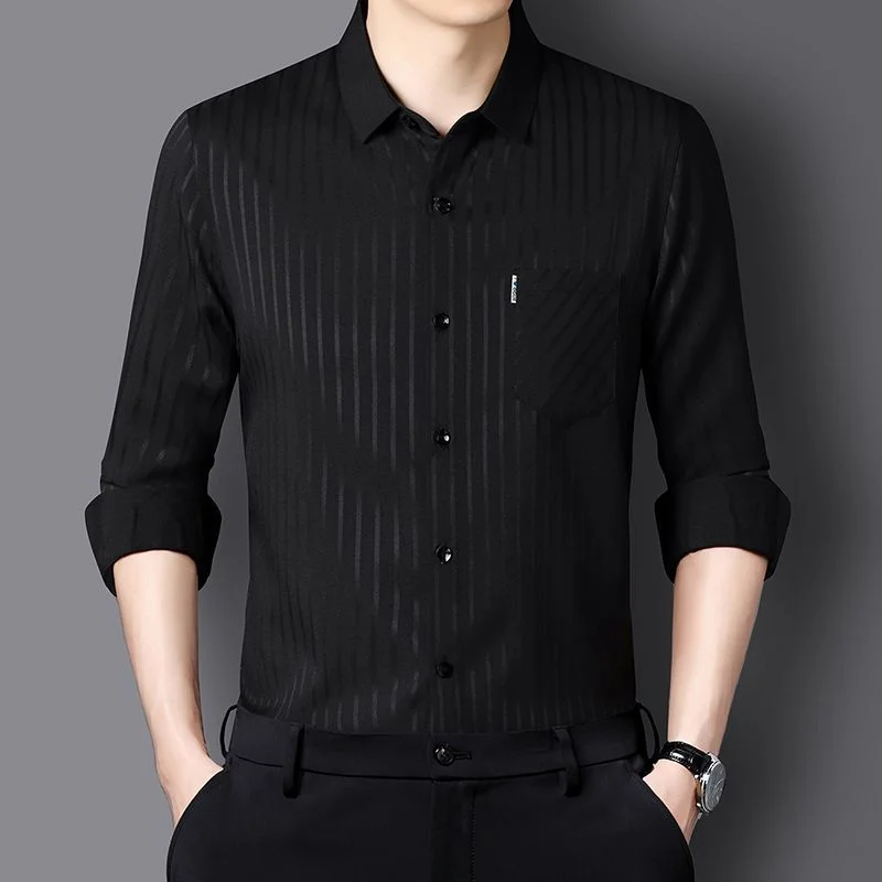 

Autumn Men's Mulberry Silk Long-sleeved Shirt Casual Non-iron Breathable Anti-wrinkle Striped Middle-aged Shirt