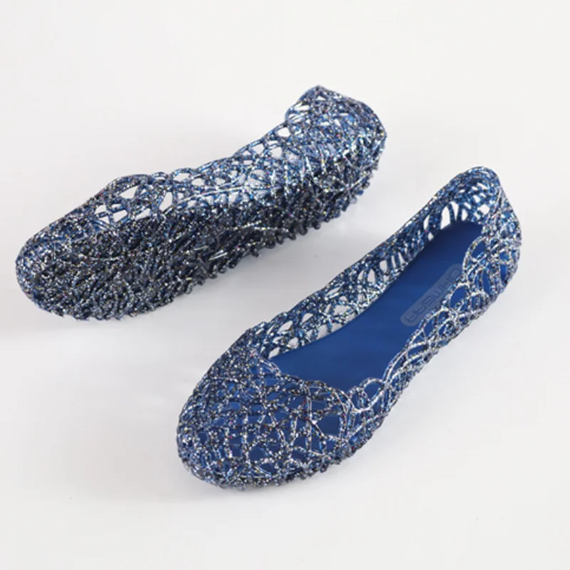 Lady Low Price Mary Jean Jelly Shoes Round Toe Dazzling Ballet Flats Daily Cut-Outs PVC Soft Comfortable Slip-On Blue 43-36 23cm