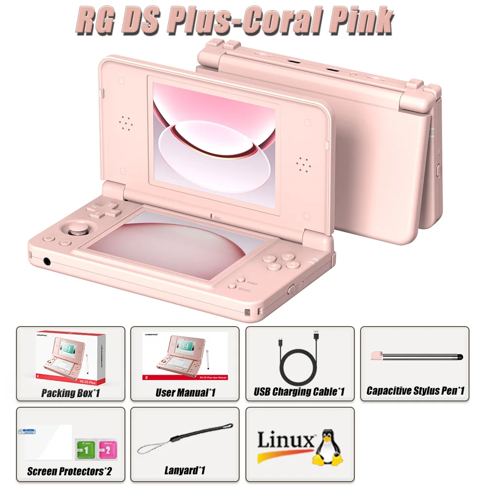 Anbernic RG DS Plus: draagbare retro-gameconsole met dubbel scherm, 4,3 inch IPS-scherm, RK3568-processor, Linux-besturingssysteem, 1 GB RAM, 16 GB TF-geheugen, WiFi, Bluetooth en een batterij van