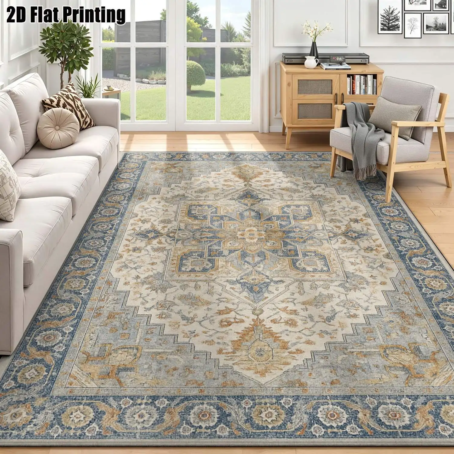 1Pc 2D Printed Carpet: Blue-Grey Retro Floral Pattern, European-Style, Fits Minimalist/Nordic Decor, Machine Washable, Multi-Size, for Home Decor & Various Scenes