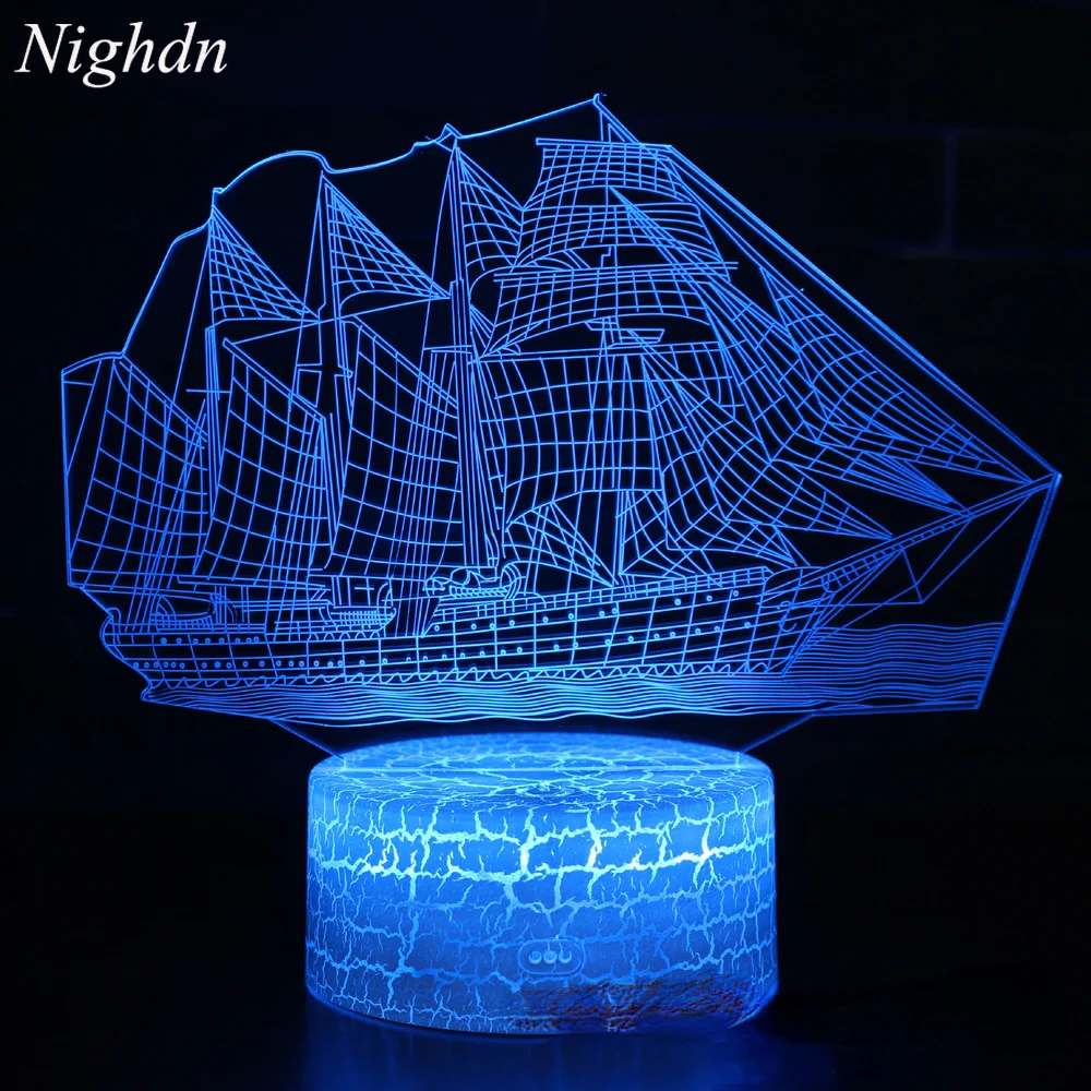 

Retro Ancient Sailing Sea Boat Ship LED Lamp Chinese Style 7 Color Changing 3D Illusion Night Light USB Home Decor Kids Gift