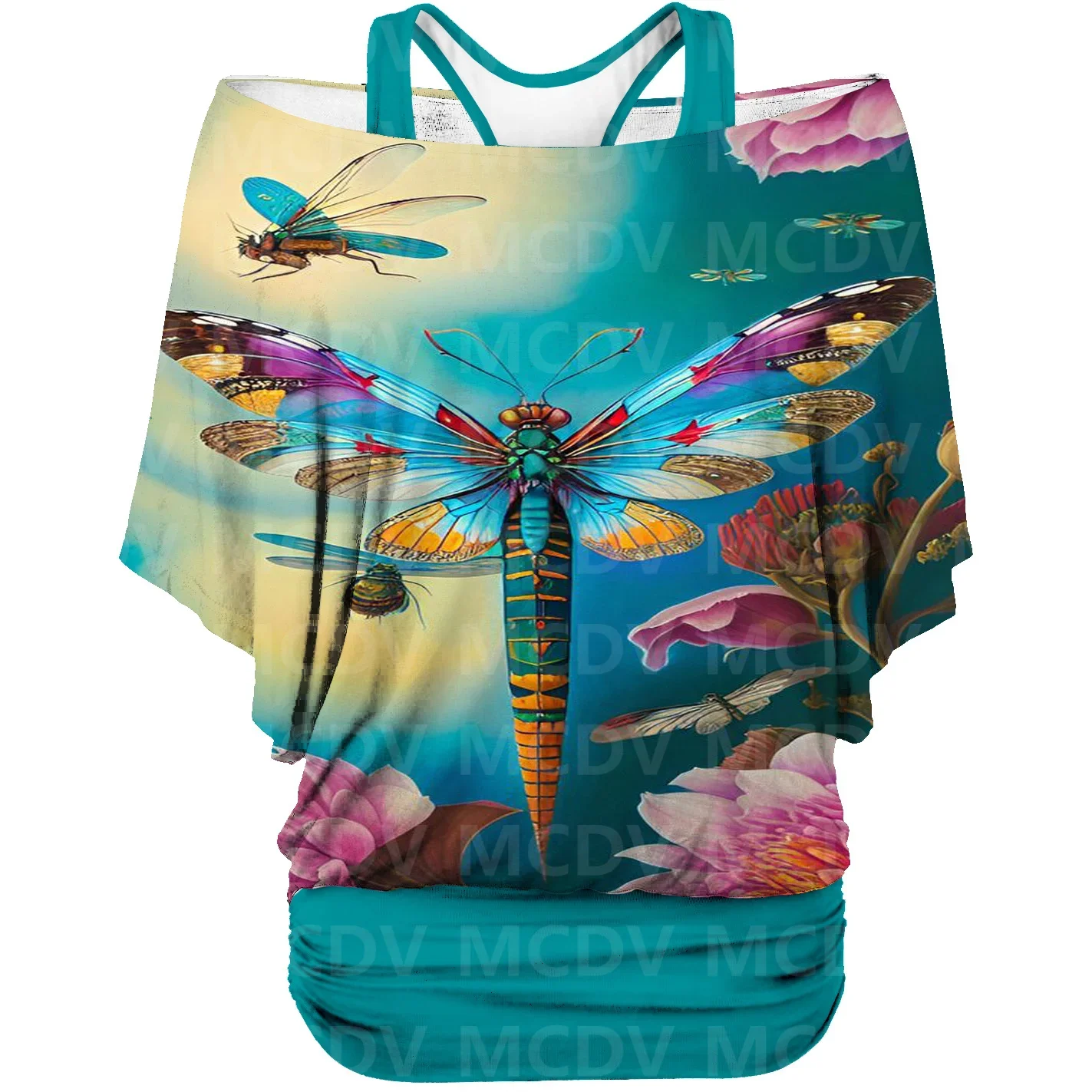 

Dragonfly 3D Printed Fake Two-Piece Top Women's Retro Punk Casual T-Shirt Harajuku Streetwear Collection