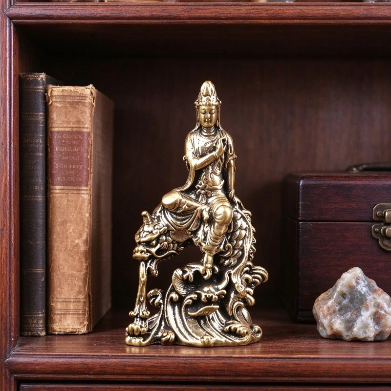Brass Deity Figurine Riding Mythical Sea Creature Retro Metal Statue Desktop Ornament Vintage Tabletop Decor Collectible Craft