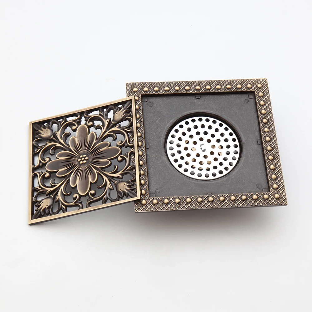 Monite Antique Brass Invisible Floor Drain Rose Pattern Retro Solid Brass Bathroom Basin Sink Kitchen Floor Drain 15x15 cm