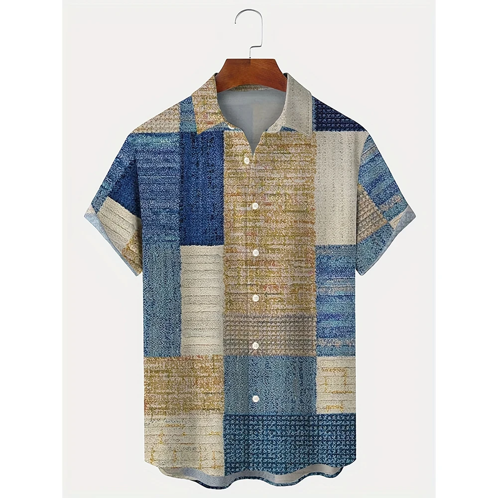Camisas havaianas de praia masculina e feminina com estampa 3D, blocos coloridos em patchwork, moda casual, camisa de manga curta vintage masculina, t
