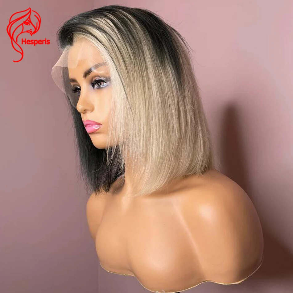 Hesperis Short Bob Human Hair Wig Brazilian Remy 10-14 Inch #60 Blonde With Black Brazilian Remy 13X4 Lace Front Wig Side Part