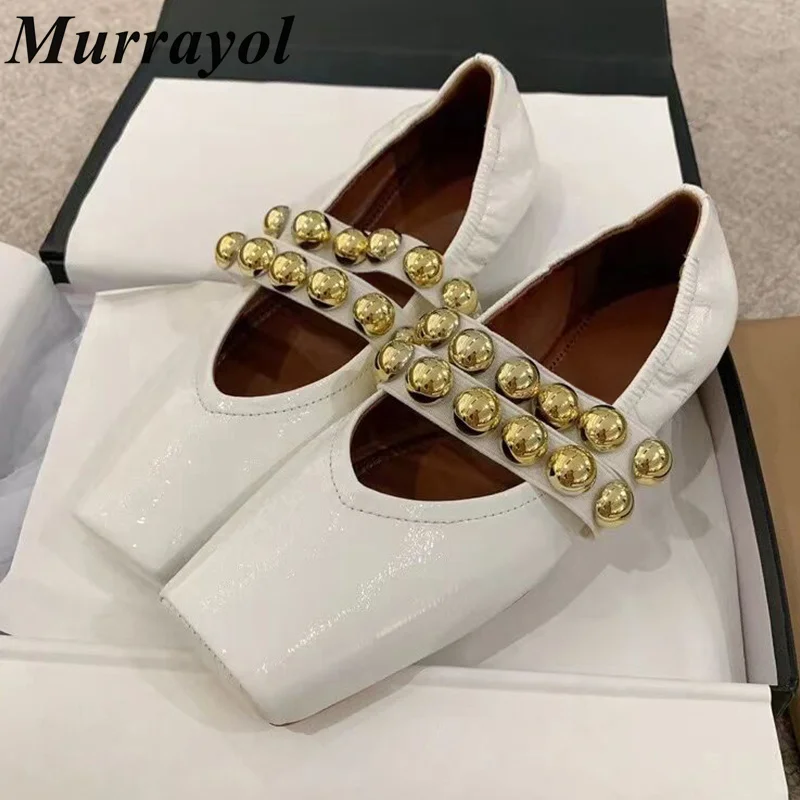 

Circular Rivet Decor Flat Bottom Mary Jane Shoes Women Square Toe Genuine Leather Ballet Shoes Summer Vacation Single Shoes