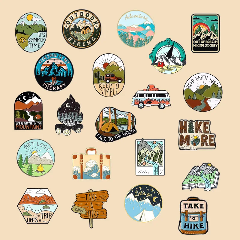 Outdoor Hiking Camping Theme Brooch Set Mountain Adventure Scenic Accessories Versatile Bag Clothing Decorative Badge