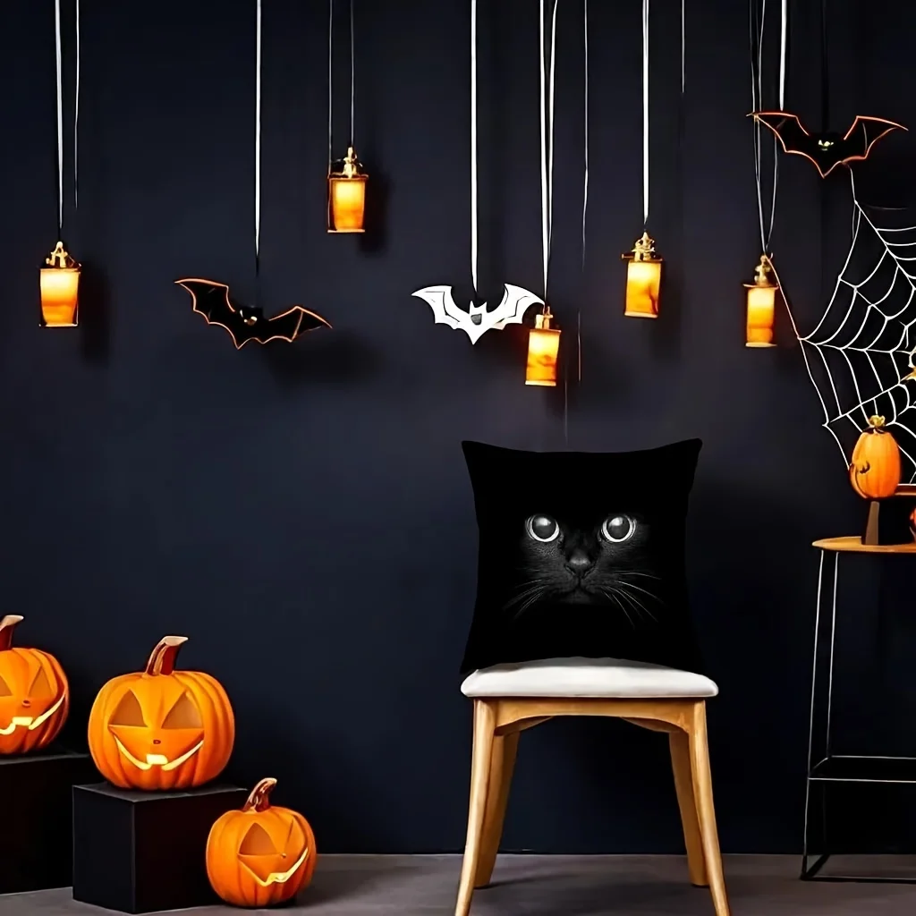 1pc Vintage Halloween Pillow Cover, Black Cat Pattern, Spooky Decor Cushion Case for Home Outdoor Sofa