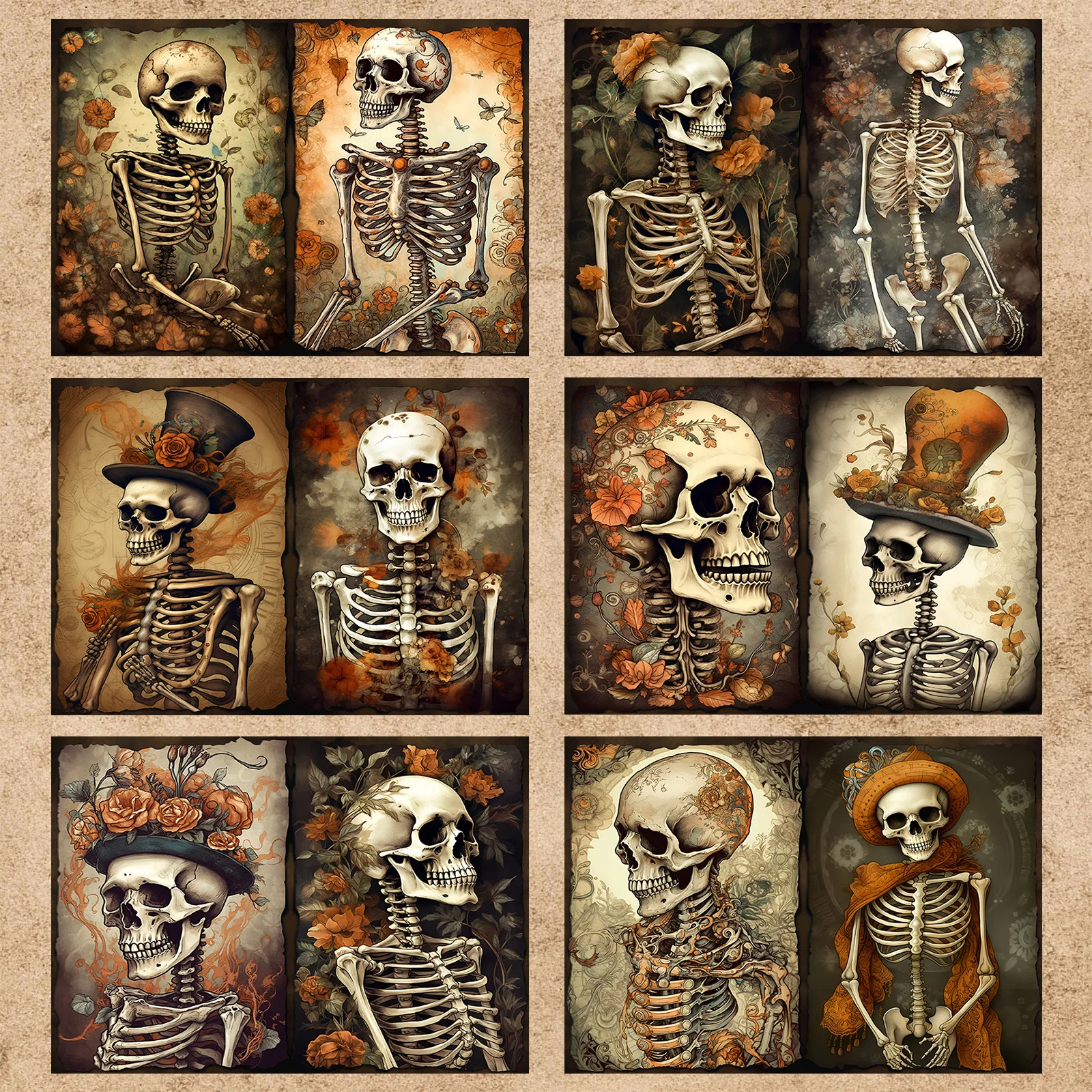 10 Sheets A5 Size Halloween Scary Skull Flowers Background Vintage Grunge Journal Planning Scrapbooking