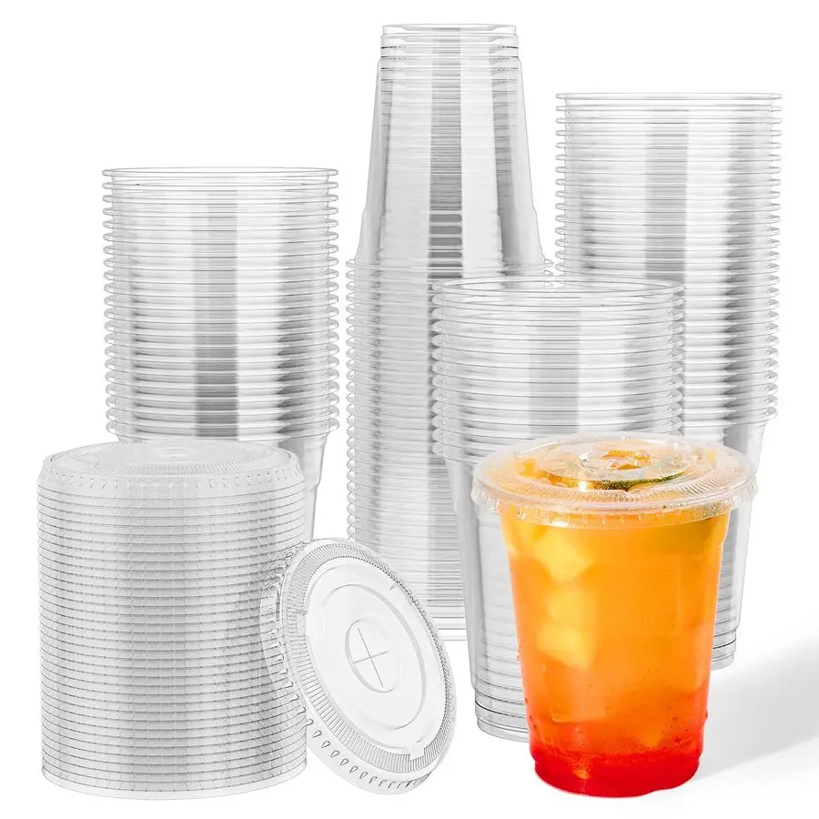 

12 oz Plastic Cups with Lids, 500 Packs Crystal PET Clear Cups, Disposable Ice Coffee Cups with Lids For Coffee Milkshake Daily