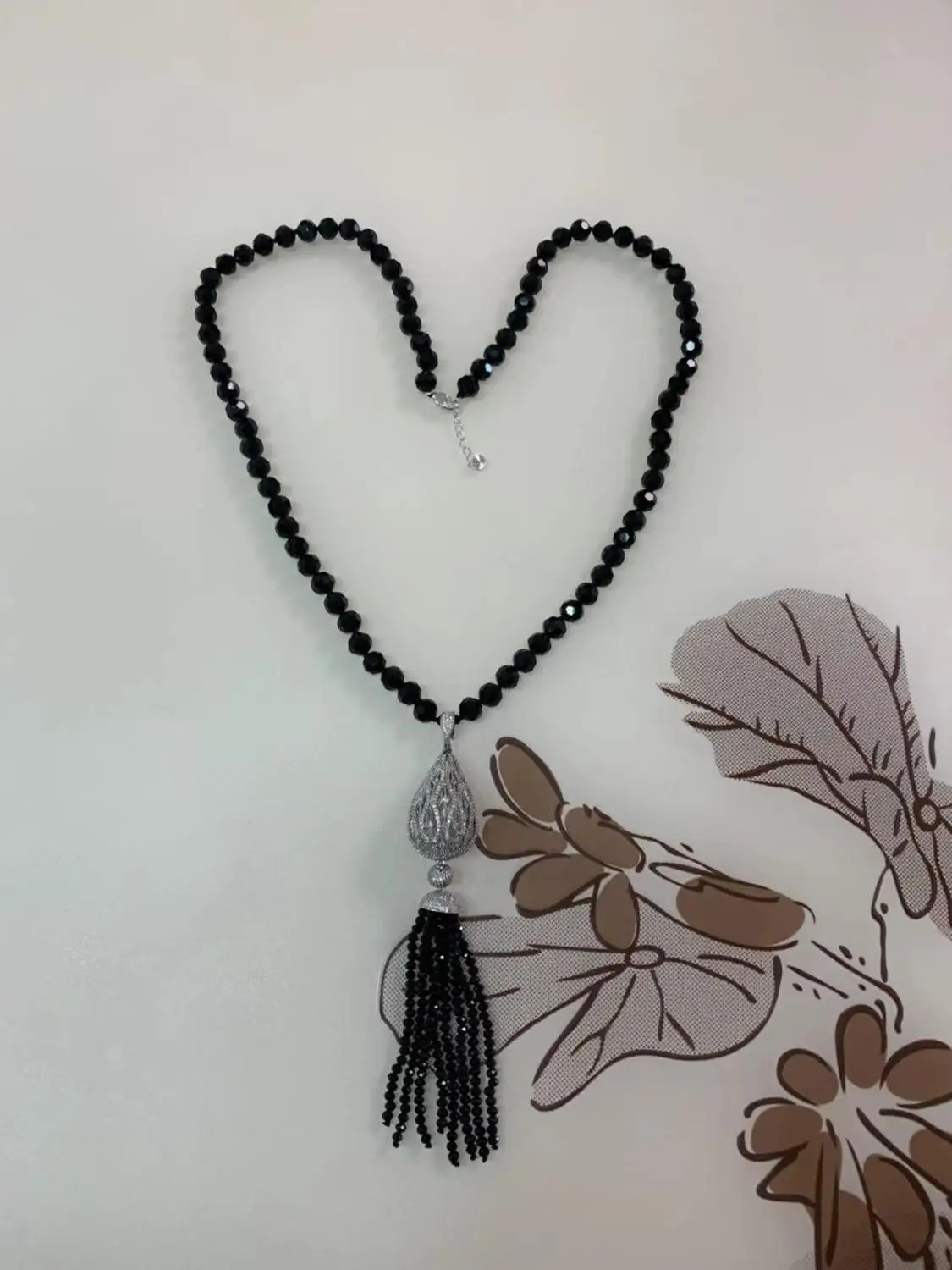 Best-selling 10mm black glass crystal micro inlay zircon tassel long sweater chain necklace fashion jewelry