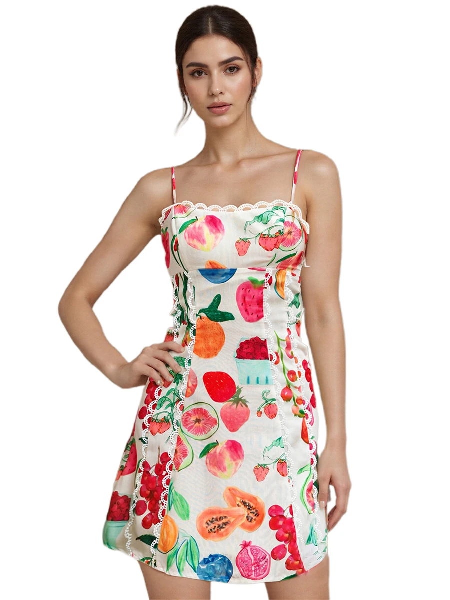 女性のビーチミニドレスノースリーブスパゲッティストラップフルーツプリント A ラインドレスサマーパーティードレス