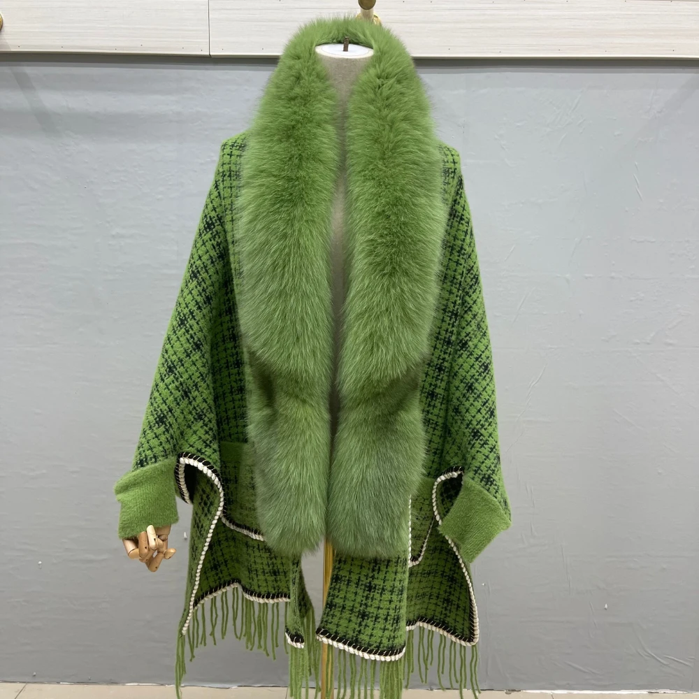 Cappotto con collo in vera pelliccia di volpe giacca invernale donna caldo Poncho lavorato a maglia manica lunga sciarpa con nappe Femme Cardigan Vintage Oversize