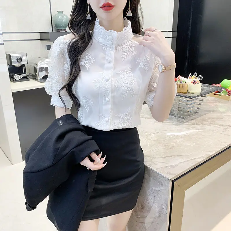 French Floral Pattern Embroidered Jacquard Chiffon Shirt High-quality Upright Collar Bubble Sleeve Hollow Out Lady Clothing Lace