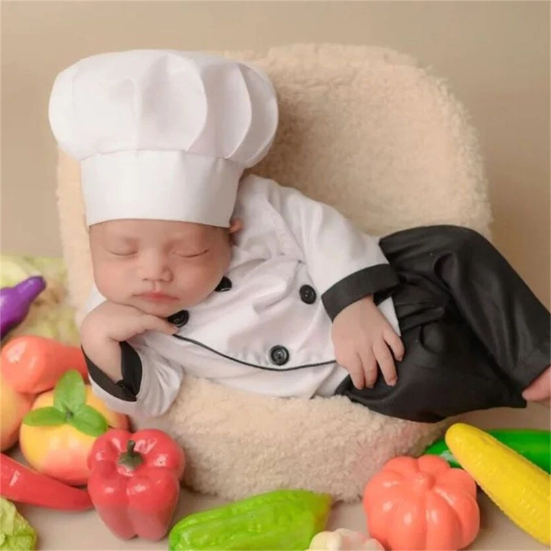 Y1UB disfraz cocinero infantil, sombrero, Tops, pantalones, accesorios para sesión fotos bebé, regalo ducha para