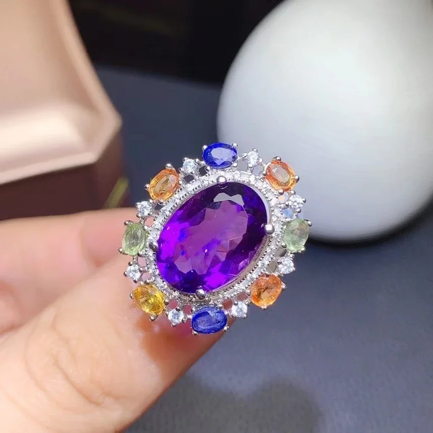 Fine Jewelry 925 Sterling Silver Inlaid Amethyst Color Sapphire Women's Exquisite Classic Oval Gem Adjustable Ring Sup