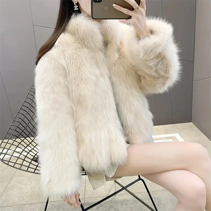 2024 Female Faux Fur Tops Coat Winter Women Fashion Short Plush Overcoat Ladies Long Sleeves Integrated Fur leather Fur Jacket