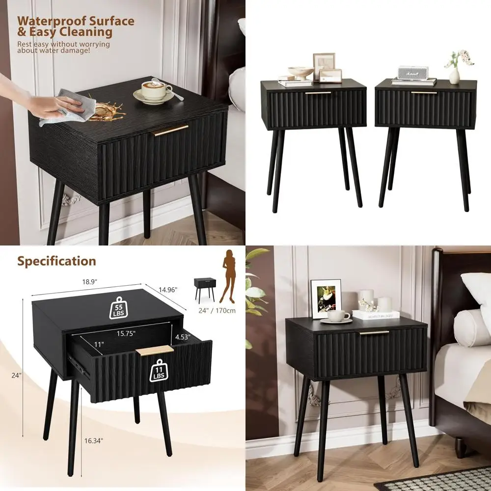 

Pair of Black Mid-Century Modern Fluted Wood Nightstands with Drawers, 18.9W x 14.96D x 24H