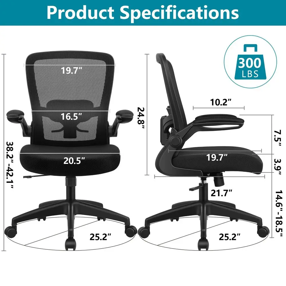 

Office Chair, Ergonomic Desk Chair Breathable Mesh Chairs Adjustable High Back Lumbar Support Flipup Armrests, Executive Rollin