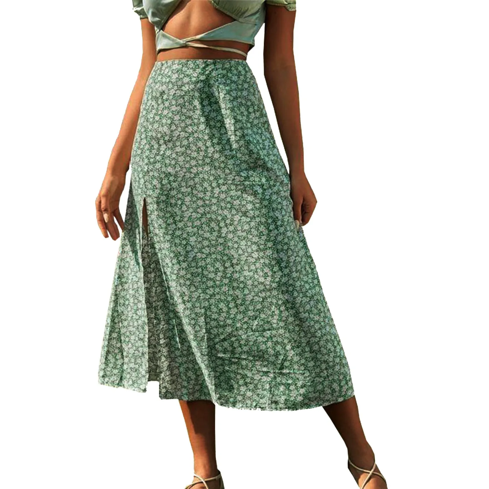 Vintage Flower Print Women Midi-Length Skirts Sexy High Waist Side Slit Pleated Long Skirts Plus Size Faldas Spring Summer 2024