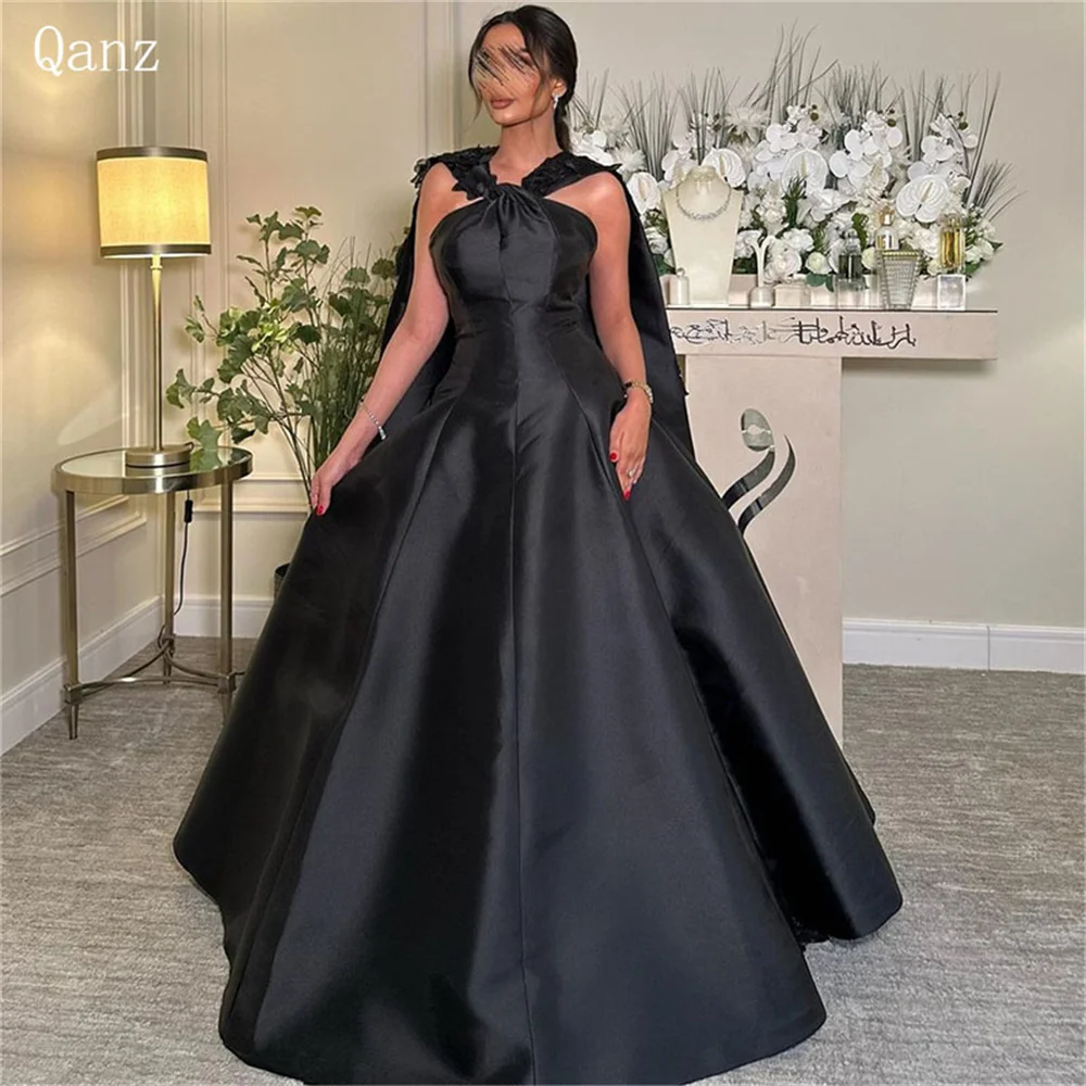 Qanz schwarz lange A-Linie Abendkleider Neck holder Cape Blumen Kristalle Ballkleider Saudi-Arabisch Vintage Satin Ballkleider