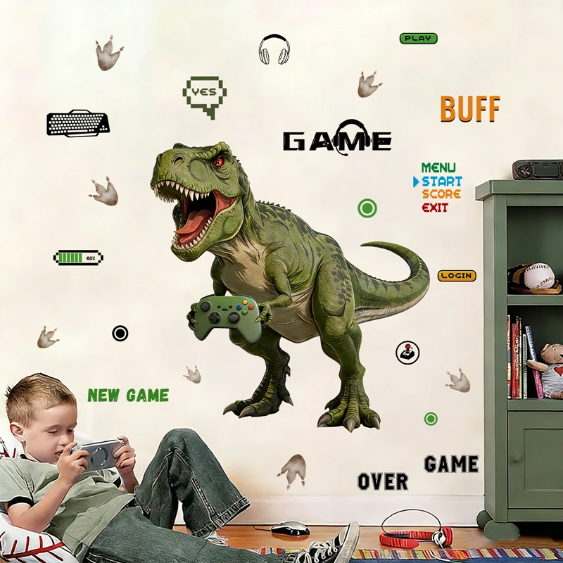 Cartoon Funny Dinosaur Game Element Vinyl Wall Stickers Removable for Kids Room Bedroom Home Decoration Easy to Peel & Stick
