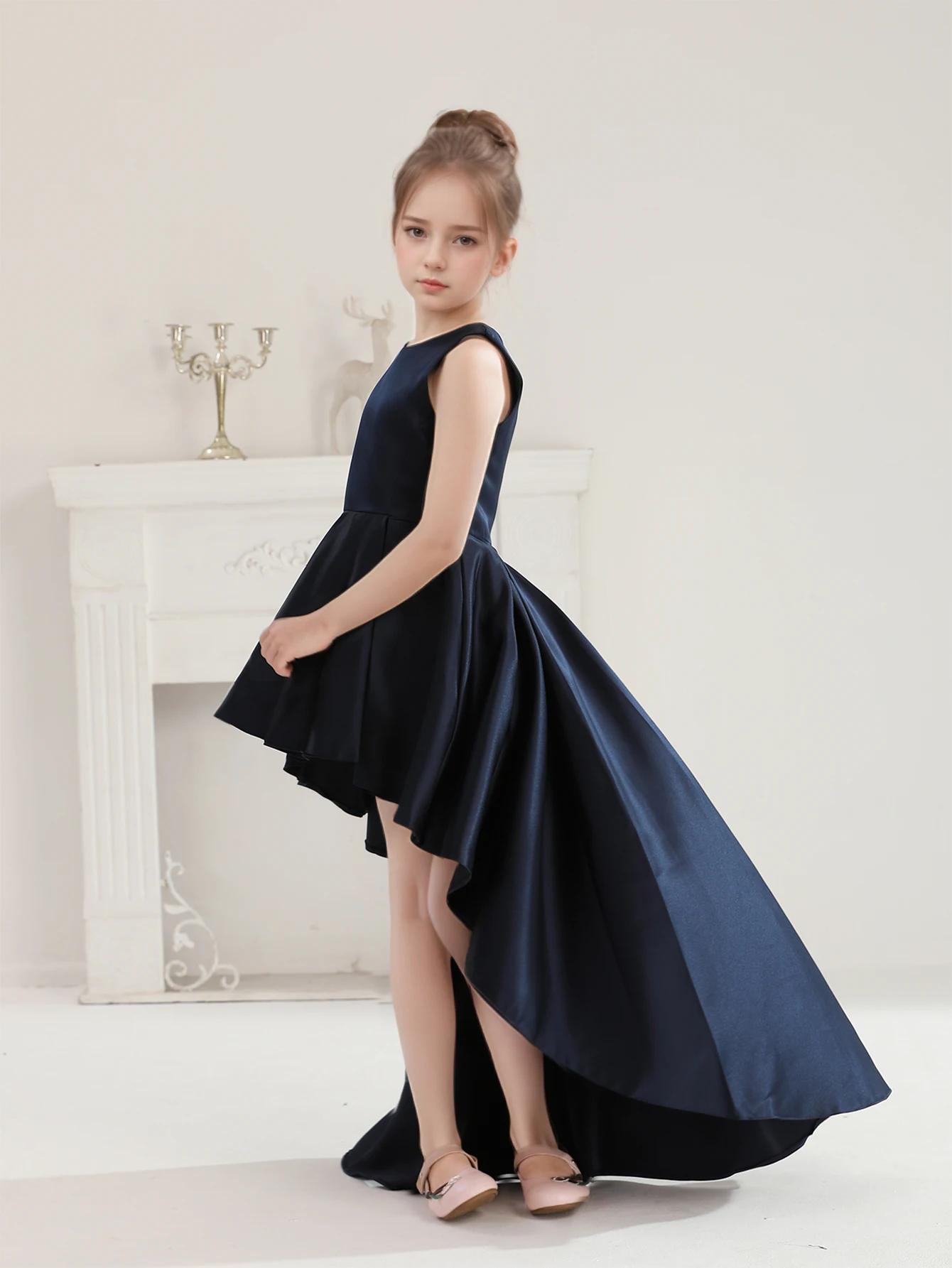 Teen Girls Tuxedo Dress Wedding Party Royal blue Short Front Long Back Bridesmaid Dress