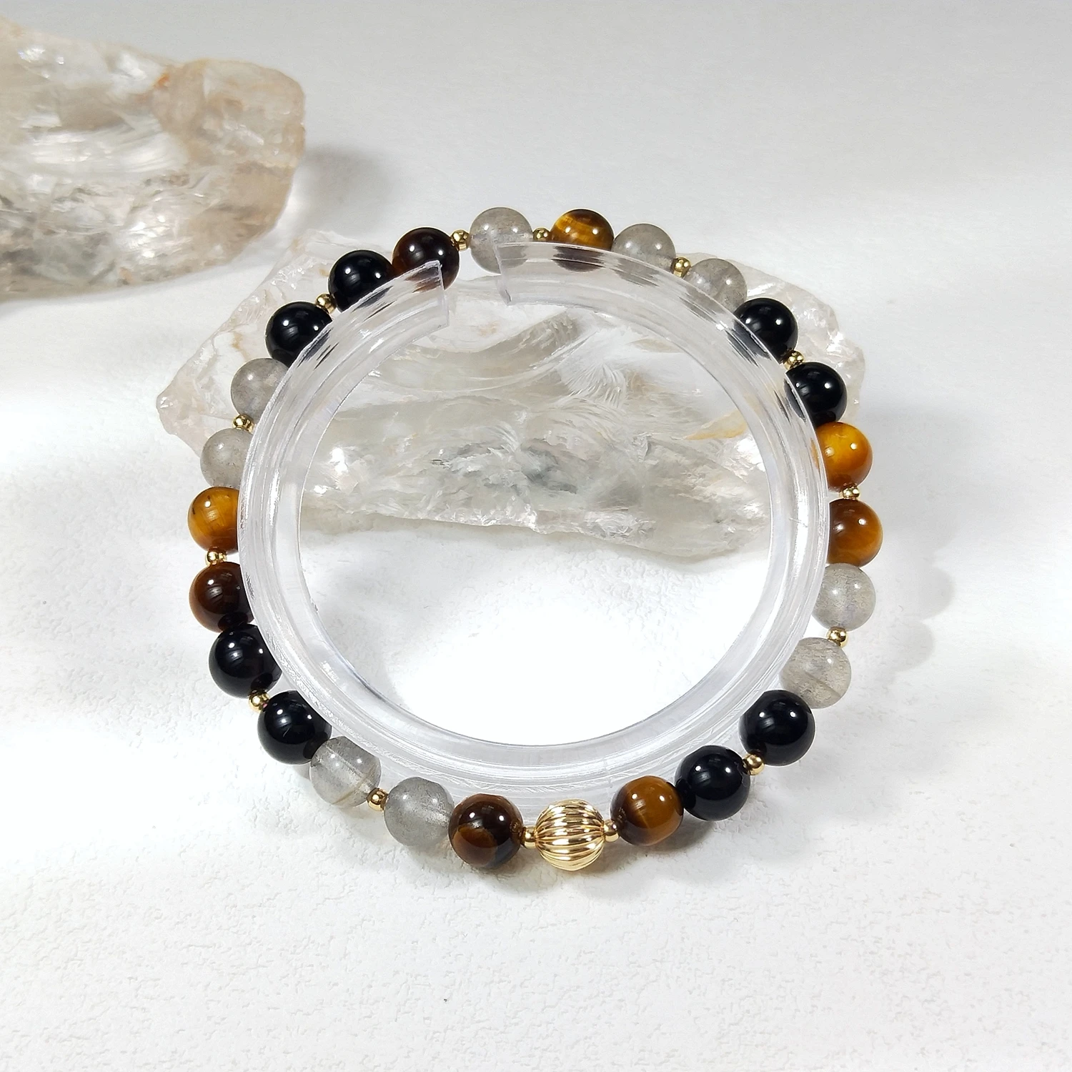 Lii Ji الحجر الطبيعي قوس قزح سبج عين النمر اللابرادوريت 6/8 مللي متر مع كريستال أمريكي 14K الذهب معبأ سوار مرن #2