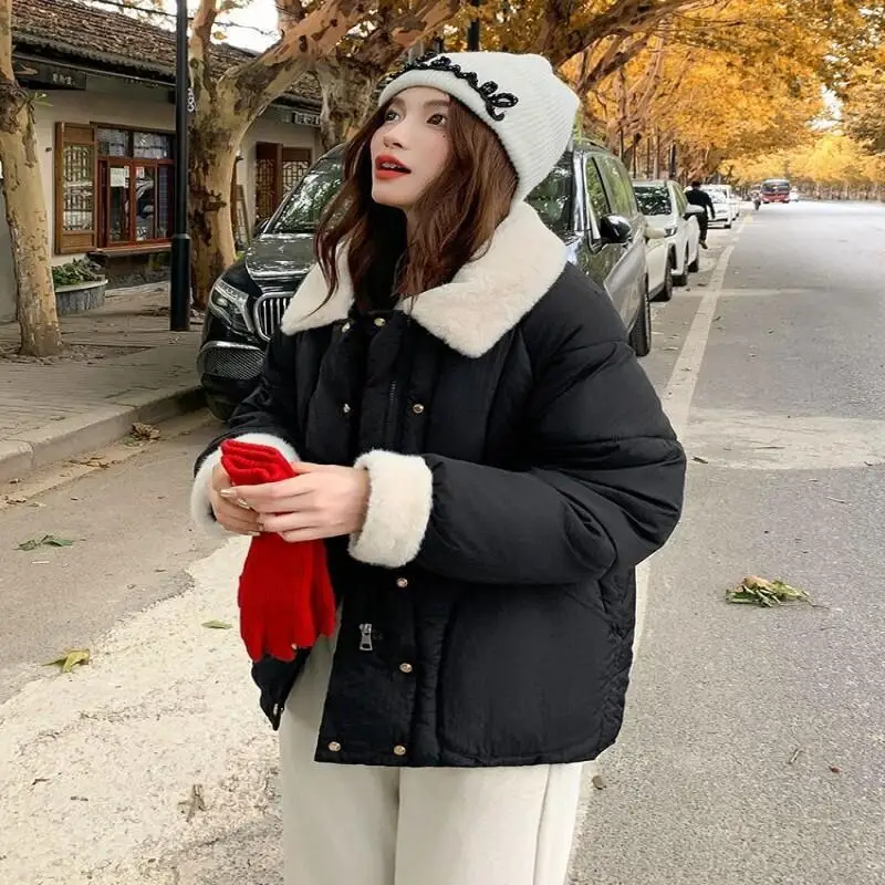 Women's Padded Jacket Outdoor Daily Wear Winter Down Cotton Jacket Short Waist Belted Thickened Warm Faux Fur Collar Coat Tops