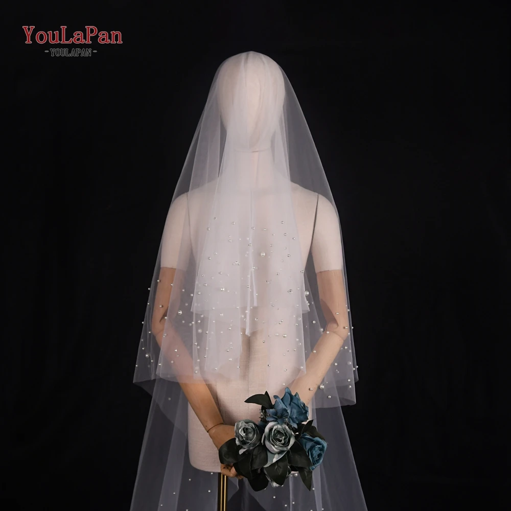 YouLaPan V114a velo da sposa con perle con fard 2 livelli velo da sposa cattedrale lunghezza velo da goccia con accessori da sposa in rilievo