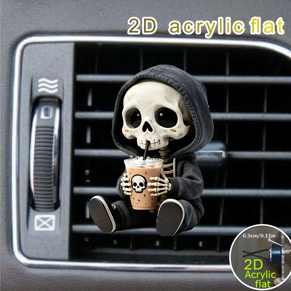 2D Flacher Totenkopf Milchtee Lüftungsdekor, Lustiges Auto-Innenzubehör, Halloween-Must-Have-Ornament – Detail 5