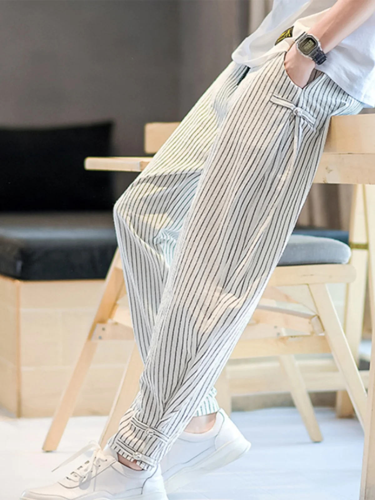 

Men's Harem Nine-Piece Pants Summer Trendy Brand Casual Sports Loose Fit Low Waist Long Trousers Striped Pattern Youthful Sle