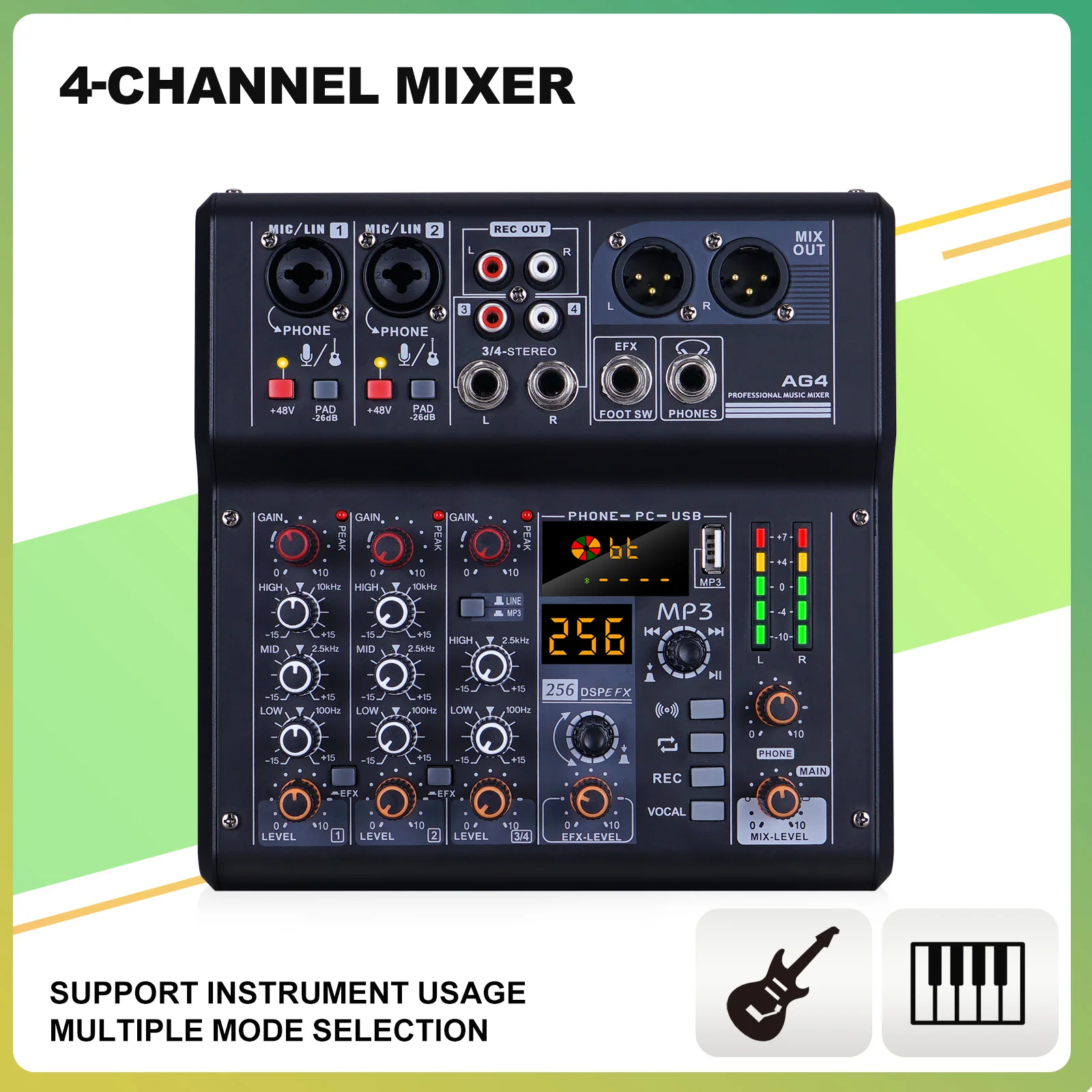 4 channel Mixer 256DSP DJ mixer USB Audio Mixer MP3 computer + Phantom source 48V for Karaoke Family Stage Recorder