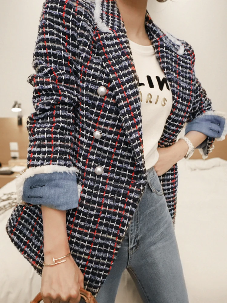 

Fashion Elegant Women Tweed Outwear Casual Retro Plaid Double Breasted Pearl Button Lady Femme Mujer Autumn Winter Coat Jacket