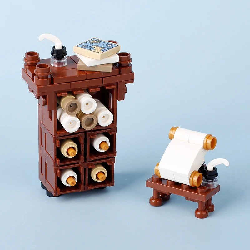 MOC Medieval Scrolls Cabinet Building Blocks Kit Bookcase Napoleonic Furniture Sheepskin Paper Parchment Bricks Toys Boys Gift